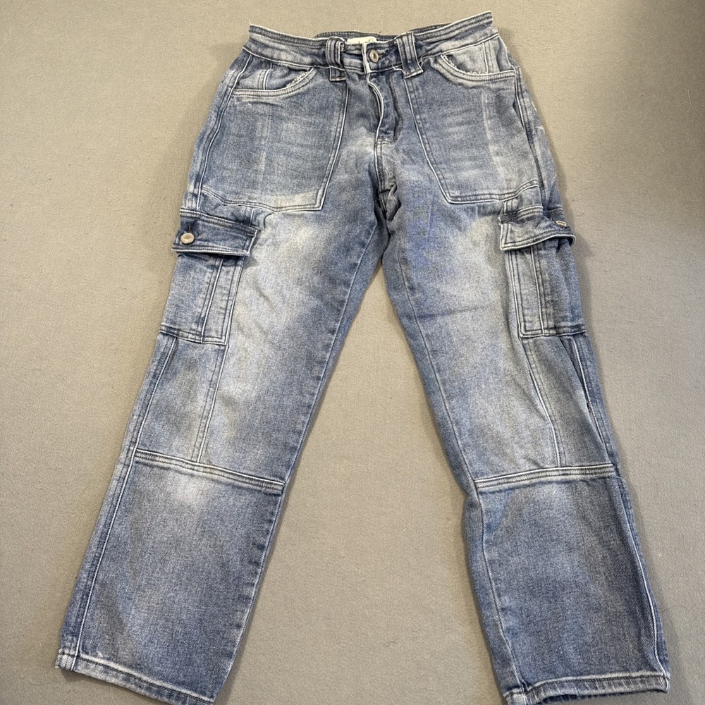 Kancan Jeans Cargo Straight Stretchy Medium Wash Denim Women's 1/24 Taper Leg